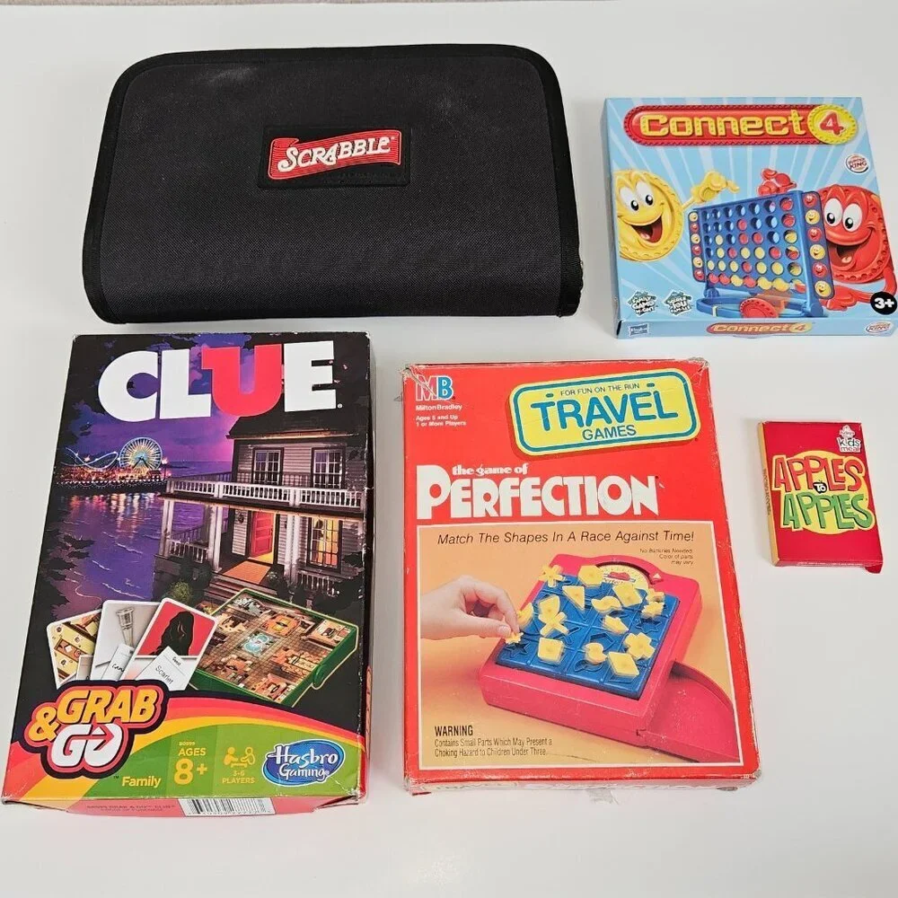 5 Travel Games Lot Scrabble Clue Perfection Connect 4 Apples to Apples Road Trip